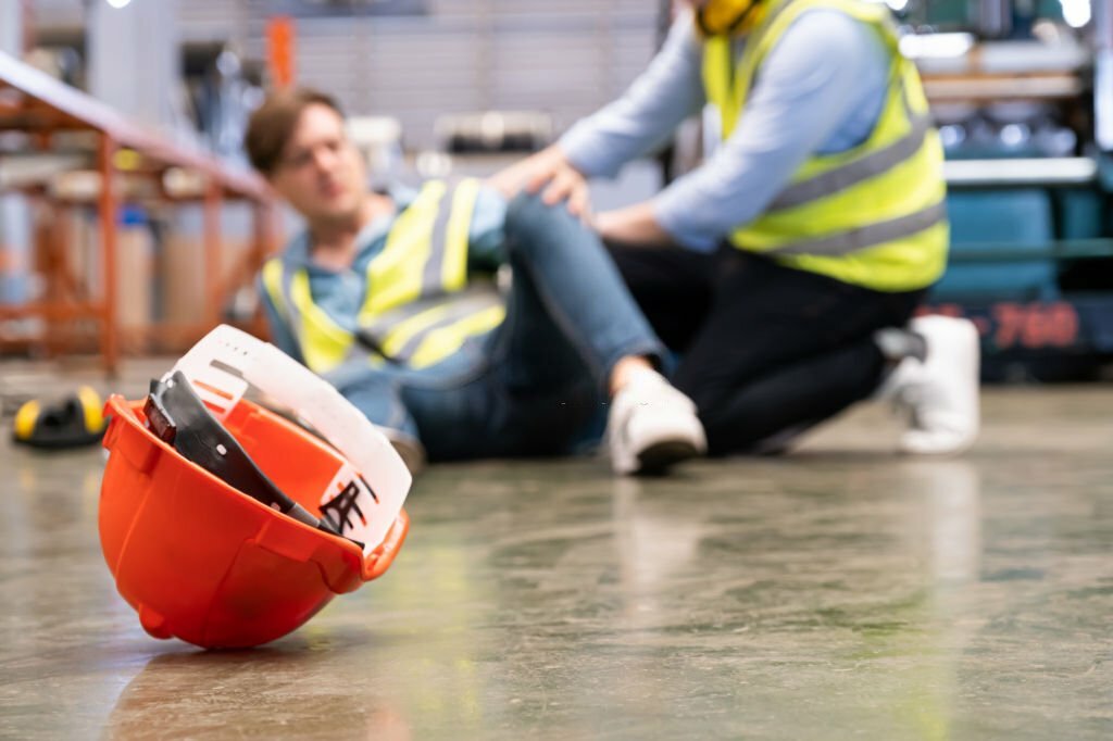 a person in safety vest and helmet lying on the floor after a slip and fall